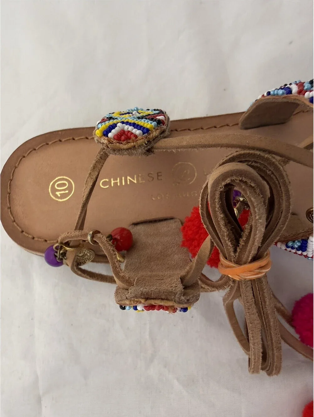 NEW Chinese Laundry Posh Boho Sandals Size 10 Beaded Pom Poms Coins Gladiator